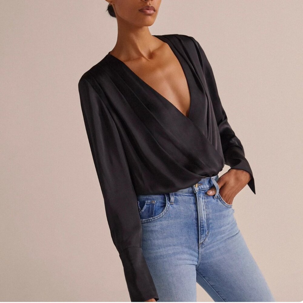 NWT Favorite Daughter The Date Blouse Satin Bodysuit Black Noir - Picture 2 of 7